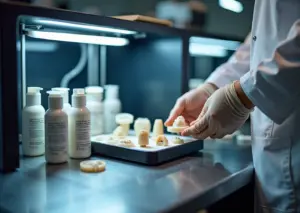 Мастерская с SLA/DLP 3D принтером, ванна со смолой, отверженные мастер‑модели на столе и специалист в перчатках держит прототип