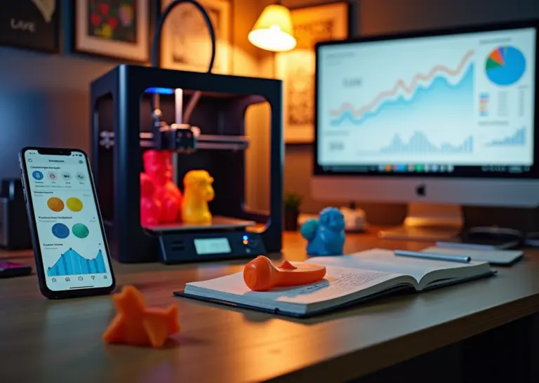Фото мастерской 3D‑печати с готовыми изделиями, смартфоном с Instagram VK Telegram и рабочим столом маркетолога