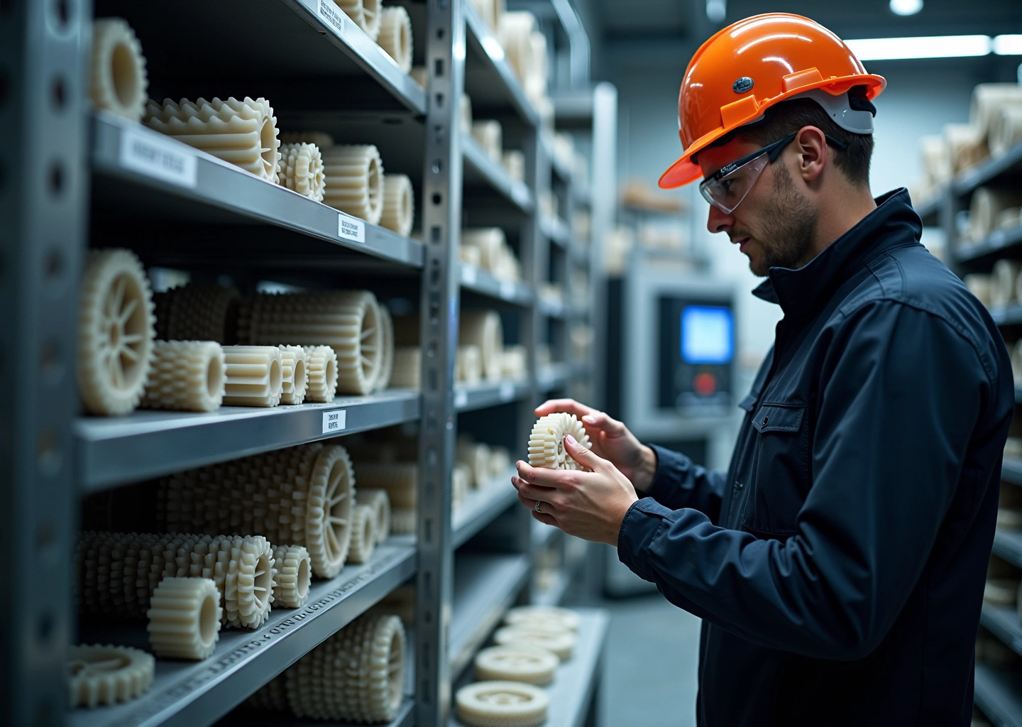 Индустриальная мастерская с работающим SLS 3D принтером, напечатанными функциональными прототипами и инженером, проверяющим деталь