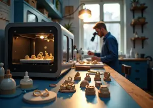 Ювелирная мастерская с SLA DLP 3D-принтером и распечатанными смоляными мастерами украшений на рабочем столе