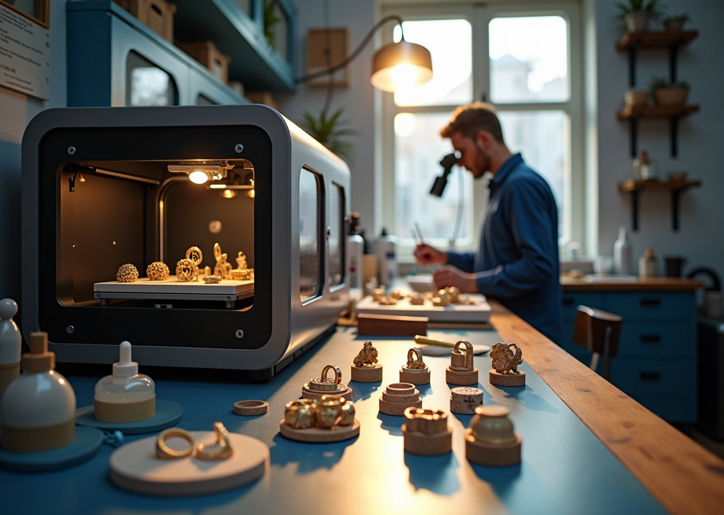 Ювелирная мастерская с SLA DLP 3D-принтером и распечатанными смоляными мастерами украшений на рабочем столе