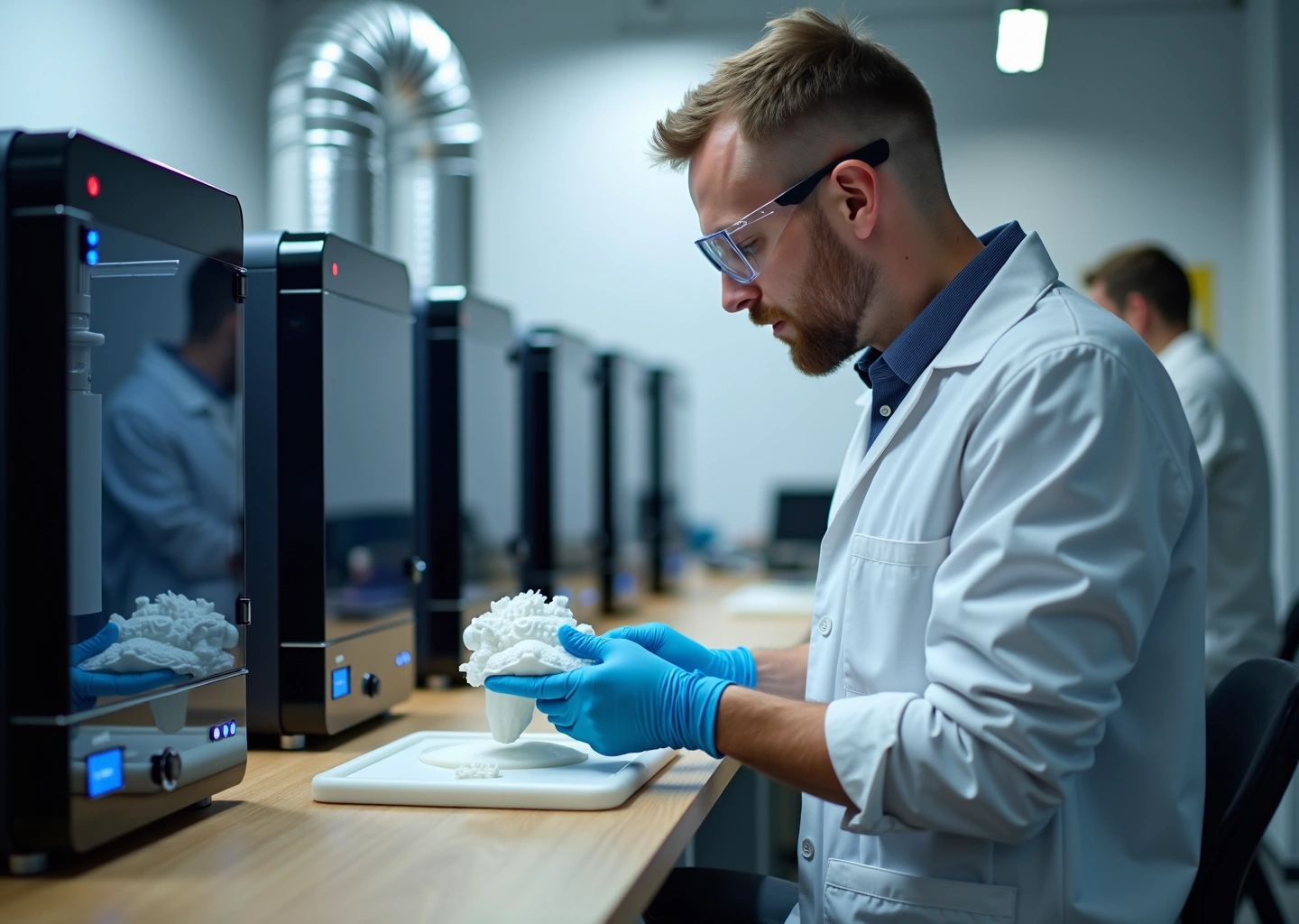 Мастерская с 3D принтерами в корпусах, системой вентиляции и работником в СИЗ, проверяющим напечатанную деталь