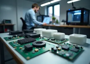 Инженер за CAD‑монитором на фоне 3D‑принтеров и нескольких напечатанных кастомных корпусов электроники