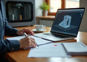 Предприниматель у 3D принтера и ноутбука с 3D моделью, документы и распечатанный прототип на столе