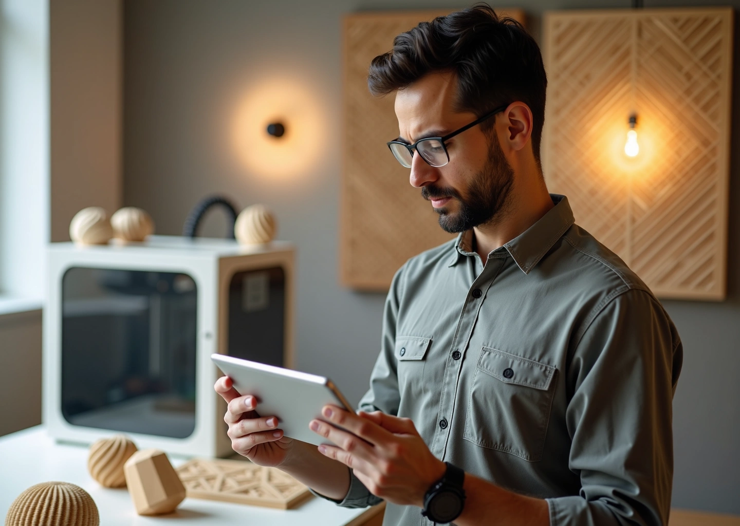 Современный интерьер где дизайнер с планшетом осматривает 3D напечатанную лампу и декоративную панель на фоне рабочих принтеров и образцов материалов