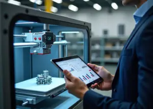 Промышленный 3D‑принтер, инженер с планшетом и график снижения затрат на фоне напечатанных деталей