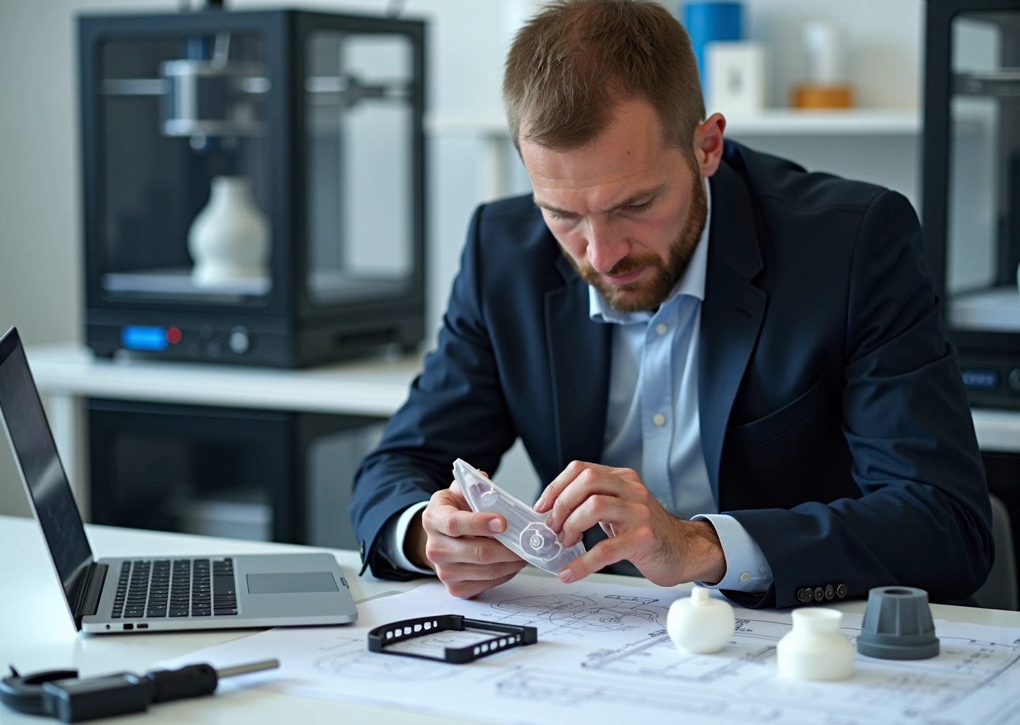 Инженер держит 3D‑прототип рядом с образцами из ABS, TPU, SLS и металлической деталью на фоне 3D‑принтеров