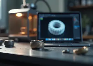 Ювелирная мастерская с 3D‑принтером и детализированным обручальным кольцом на столе