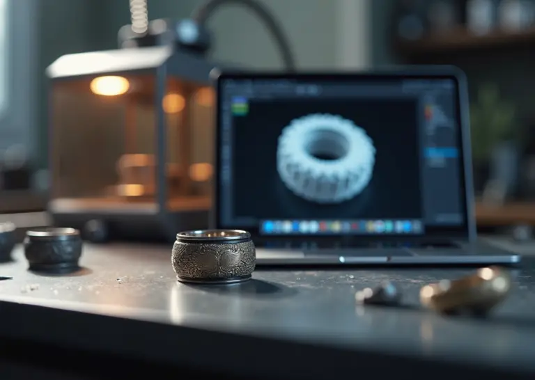 Ювелирная мастерская с 3D‑принтером и детализированным обручальным кольцом на столе