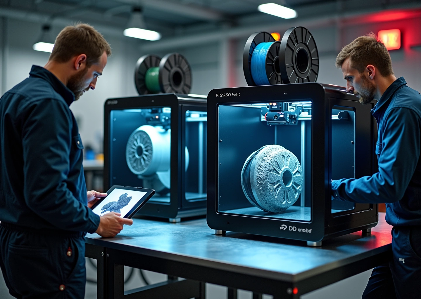 Два промышленных 3D принтера Picaso 3D Designer XL и Hercules Strong в современной российской мастерской, печатают большой прототип, инженеры изучают результаты