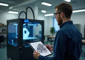 Предприниматель показывает клиенту на планшете персонализированный 3D дизайн в студии с работающим 3D принтером на заднем плане