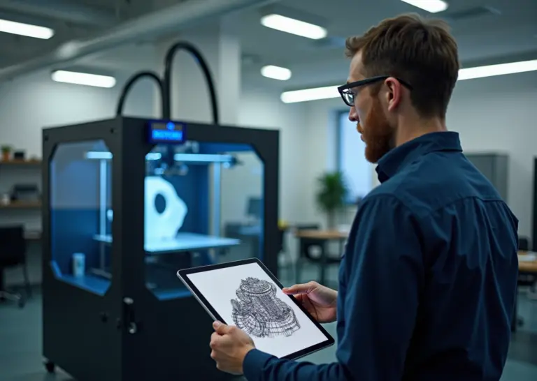 Предприниматель показывает клиенту на планшете персонализированный 3D дизайн в студии с работающим 3D принтером на заднем плане