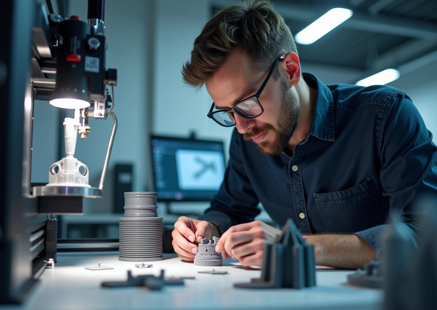 Промышленный 3D принтер и напечатанные образцы из Nylon PC и PEEK на рабочем столе, инженер измеряет деталь штангенциркулем