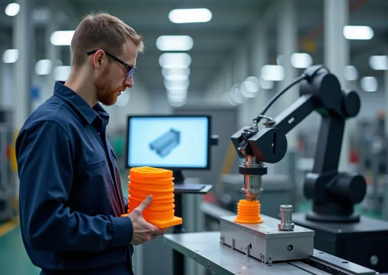 Техник держит 3D‑печатный джиг у сборочной линии в современной фабрике, на заднем плане 3D‑принтер и роботизированный манипулятор
