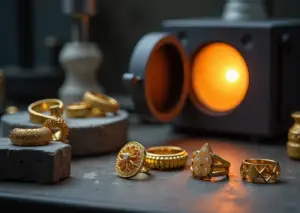 Ювелирные модели из выжигаемой фотосмолы рядом со SLA‑принтером, формой и печью для выжигания; готовое золотое кольцо на фоне