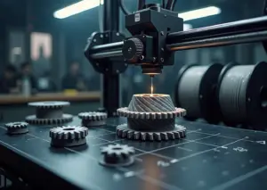 Крупный план 3D‑принтера и напечатанной детали из карбона и стекловолокна на рабочем столе в мастерской, видны катушки композитной нити и образцы готовых деталей