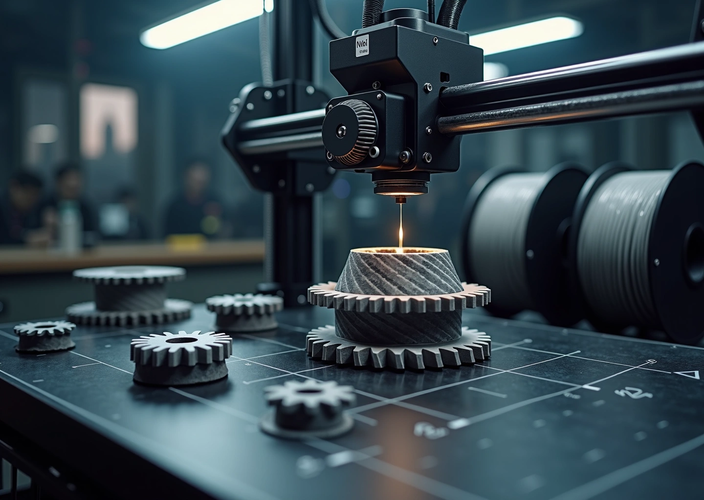 Крупный план 3D‑принтера и напечатанной детали из карбона и стекловолокна на рабочем столе в мастерской, видны катушки композитной нити и образцы готовых деталей