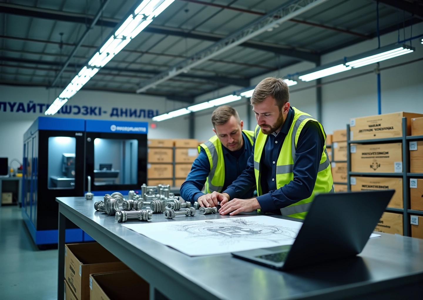 Фотография промышленного цеха 3D печати: инженеры изучают напечатанные металлические и пластиковые детали, на столе ноутбук с чертежом, фон с печатными машинами и упаковкой для промышленных клиентов