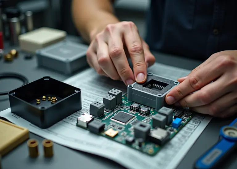 Рабочее место инженера: рука устанавливает 3D‑напечатанный корпус на плату, рядом образцы корпусов из ABS, смолы и SLS‑нейлона, инструменты и калипер.