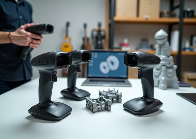Фотография трёх ручных 3D‑сканеров рядом с прототипом и 3D‑напечатанной деталью на рабочем столе в мастерской; на фоне ноутбук с 3D‑моделью и руки оператора, демонстрирующие процесс сканирования.
