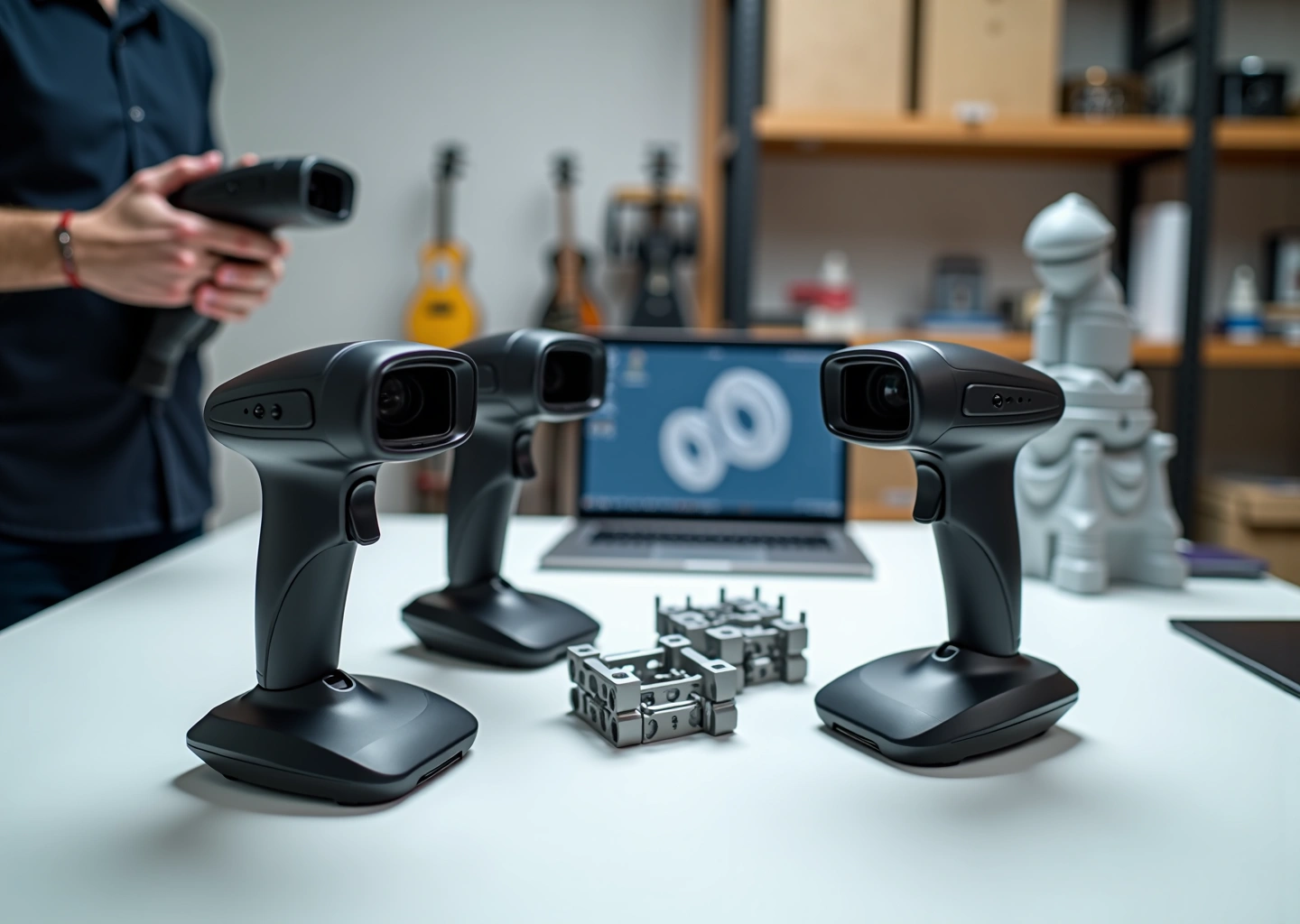 Фотография трёх ручных 3D‑сканеров рядом с прототипом и 3D‑напечатанной деталью на рабочем столе в мастерской; на фоне ноутбук с 3D‑моделью и руки оператора, демонстрирующие процесс сканирования.