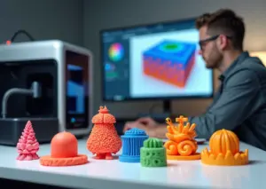 Студия дизайна с многоцветными фотореалистичными 3D‑образцами, многоцветным 3D‑принтером и дизайнером за компьютером