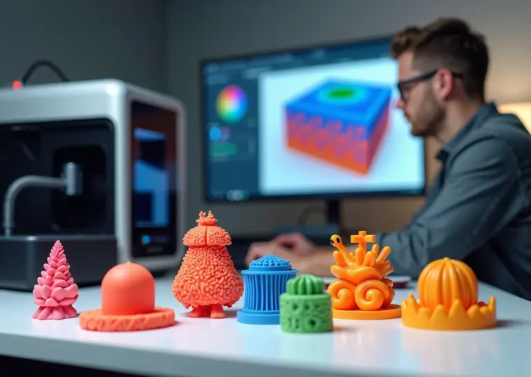 Студия дизайна с многоцветными фотореалистичными 3D‑образцами, многоцветным 3D‑принтером и дизайнером за компьютером