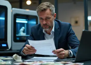 Владелец бизнеса сравнивает договор лизинга и счёт на покупку рядом с 3D‑принтерами и распечатанными прототипами в современном производственном офисе