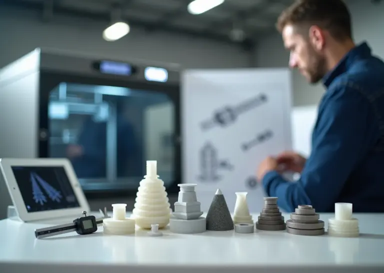 Профессионально сфотографированные детали, измерительный инструмент и принтер на заднем плане иллюстрируют портфолио сервиса 3D‑печати