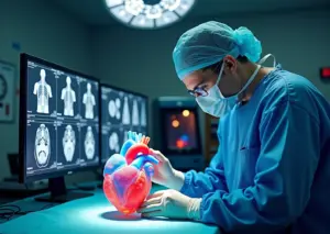 Хирург изучает прозрачную 3D‑печатную анатомическую модель рядом с мониторами с КТ и 3D‑принтером на фоне