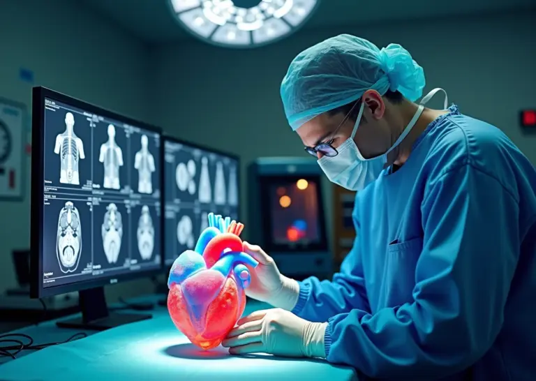 Хирург изучает прозрачную 3D‑печатную анатомическую модель рядом с мониторами с КТ и 3D‑принтером на фоне