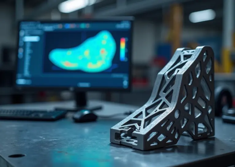 Топологически оптимизированный металлический кронштейн на верстаке на фоне экрана с CAD и промышленного 3D‑принтера
