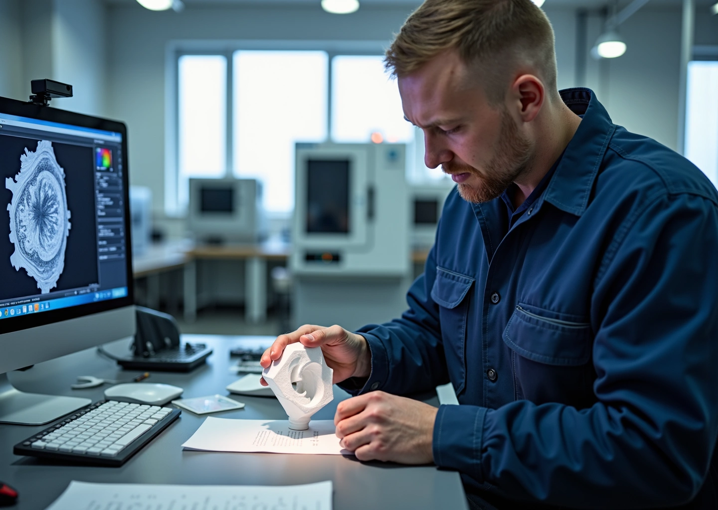 Инженер сканирует напечатанную деталь портативным 3D‑сканером на фоне 3D‑принтеров и монитора с CT‑изображением