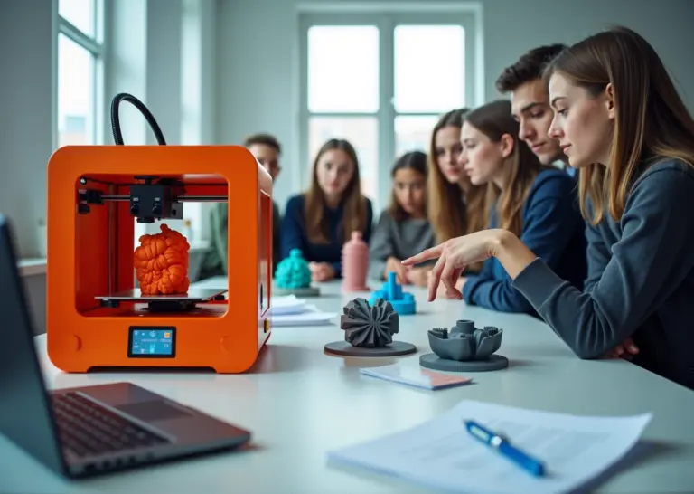 Учитель и студенты в классе у работающего 3D-принтера с готовыми образовательными моделями и методическими материалами на столе