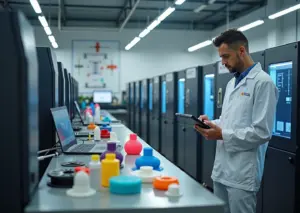 Ферма 3D‑принтеров в мастерской: ряды принтеров, оператор с планшетом и образцы деталей на столе