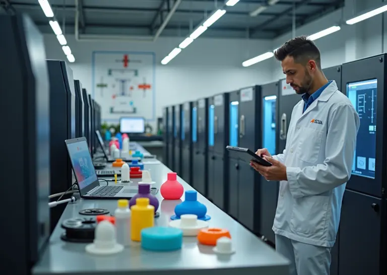 Ферма 3D‑принтеров в мастерской: ряды принтеров, оператор с планшетом и образцы деталей на столе