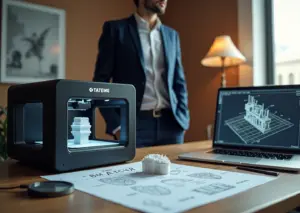 Предприниматель у рабочего стола с 3D‑принтером, напечатанным прототипом, открытым CAD‑файлом на ноутбуке и документом с надписью «Патент» на русском языке