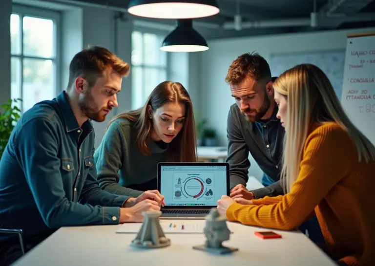 Команда стартапа у рабочего 3D‑принтера, на столе несколько напечатанных прототипов, ноутбук с CAD и доска с заметками на кириллице