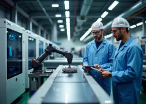 Фотография современной автоматизированной 3D‑фермы: ряды принтеров, робот снимает детали на конвейер, экраны с дашбордами и инженеры с планшетом