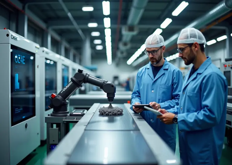 Фотография современной автоматизированной 3D‑фермы: ряды принтеров, робот снимает детали на конвейер, экраны с дашбордами и инженеры с планшетом