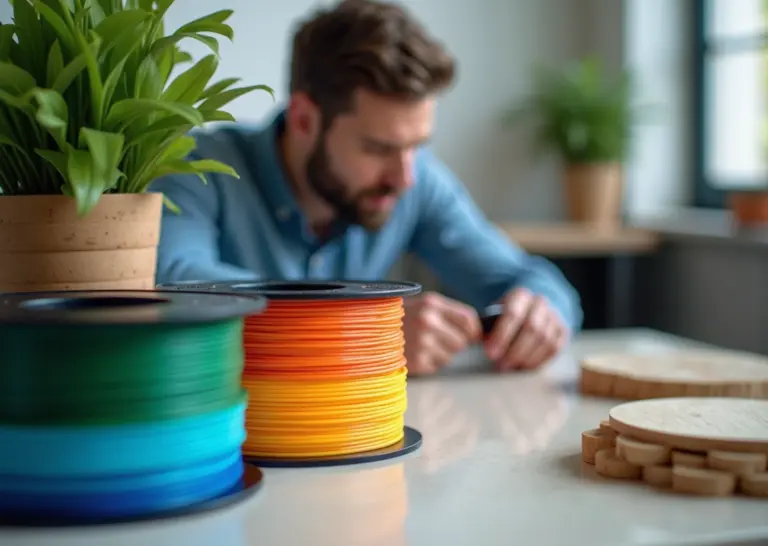 Мастерская 3D‑печати с катушками био‑ и переработанных филаментов и напечатанными экологичными изделиями