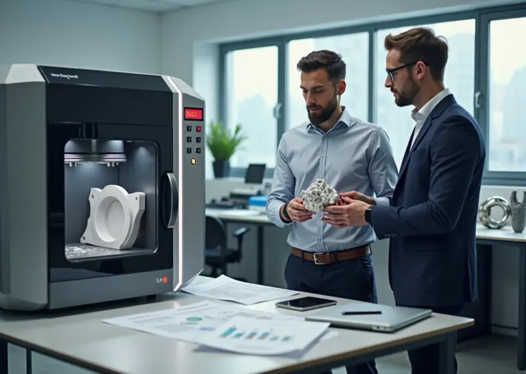 Предприниматель у промышленного 3D принтера с документами на грант на фоне современной лаборатории