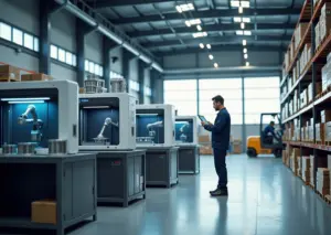 Современный склад с 3D‑принтерами, рабочим, проверяющим цифровой инвентарь на планшете, стеллажами с напечатанными запчастями и роботизированной обработкой деталей