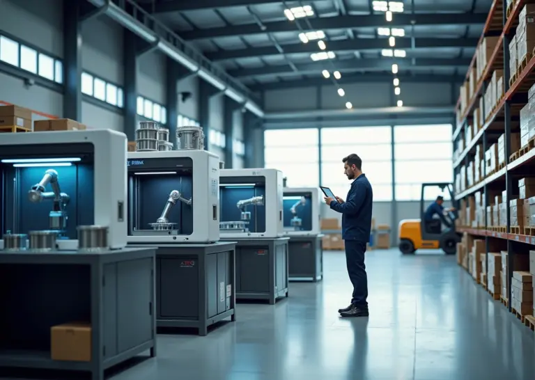 Современный склад с 3D‑принтерами, рабочим, проверяющим цифровой инвентарь на планшете, стеллажами с напечатанными запчастями и роботизированной обработкой деталей