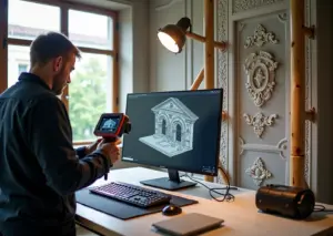 Реставратор сканирует орнамент фасада, рядом 3D‑принтер печатает реплику декоративной детали на фоне исторического здания