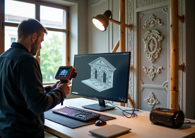 Реставратор сканирует орнамент фасада, рядом 3D‑принтер печатает реплику декоративной детали на фоне исторического здания