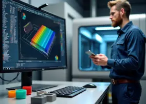 Рабочая станция с открытой CAM-системой на мониторе, цветные траектории печати, рядом 3D-печатные детали и промышленный принтер, инженер с планшетом