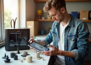 Маленькая мастерская с 3D-принтерами и отпечатанными изделиями хозяин просматривает 3D-модель на планшете