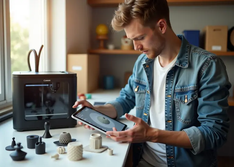 Маленькая мастерская с 3D-принтерами и отпечатанными изделиями хозяин просматривает 3D-модель на планшете