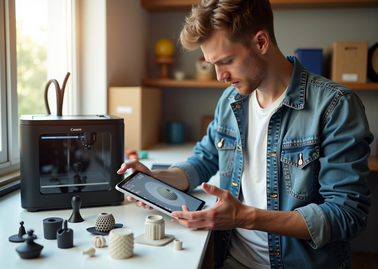 Маленькая мастерская с 3D-принтерами и отпечатанными изделиями хозяин просматривает 3D-модель на планшете